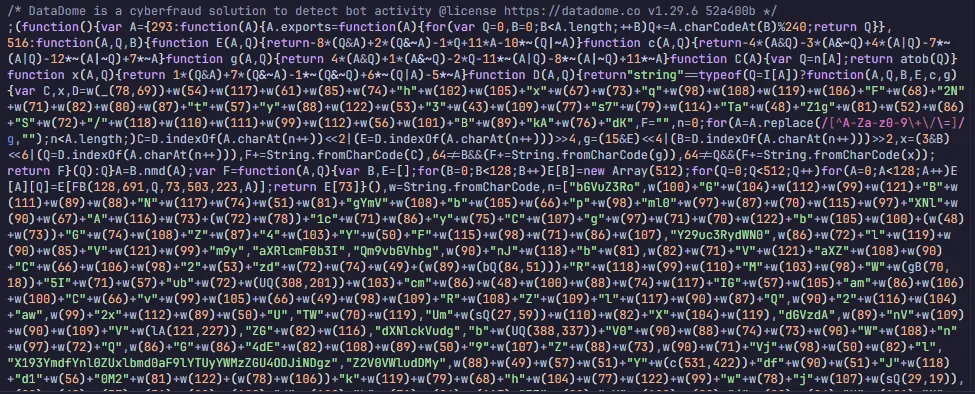 A DataDome challenge script delivered in its obfuscated form